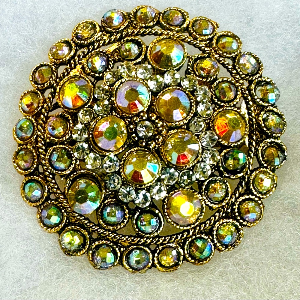 Stunning Vintage Rhinestone Layered Round Starburst Hair Brooch